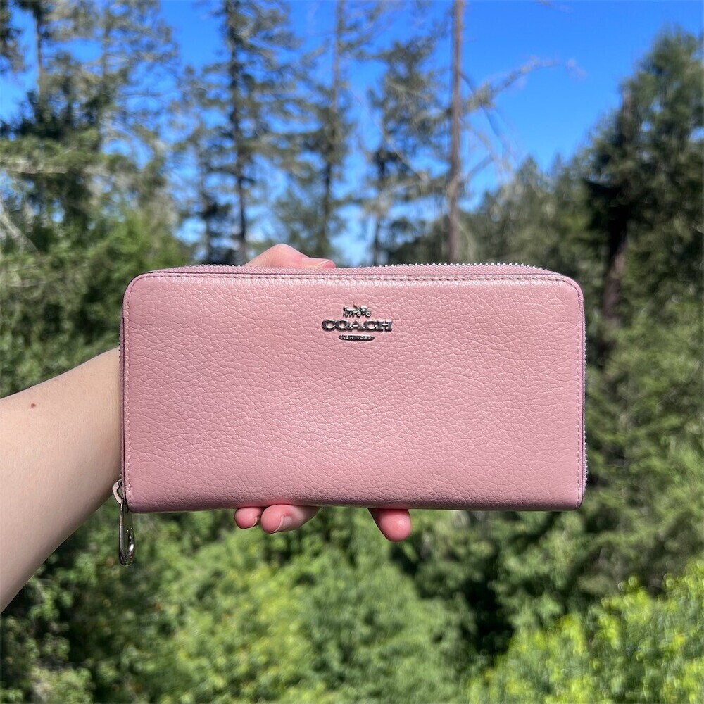 COACH Long Zip-Around Wallet PINK Pebble Leather with Silver Hardware AUTHENTIC